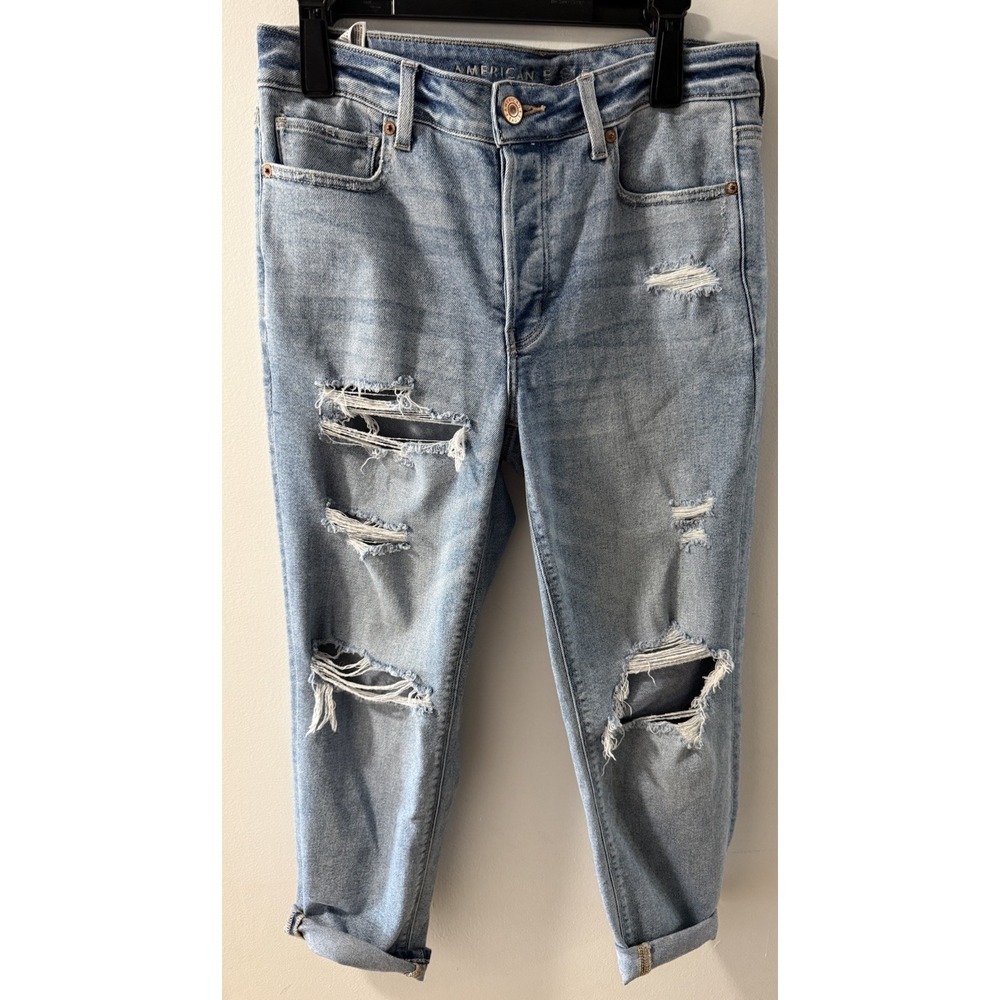 American Eagle Women Mom Jeans Size 8S Blue Denim Distressed 160/72A
